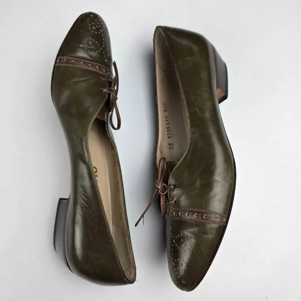 70's Salvatore Ferragamo Olive Green Leather Brogue Wingtip Lace-up Oxfords 7AA
